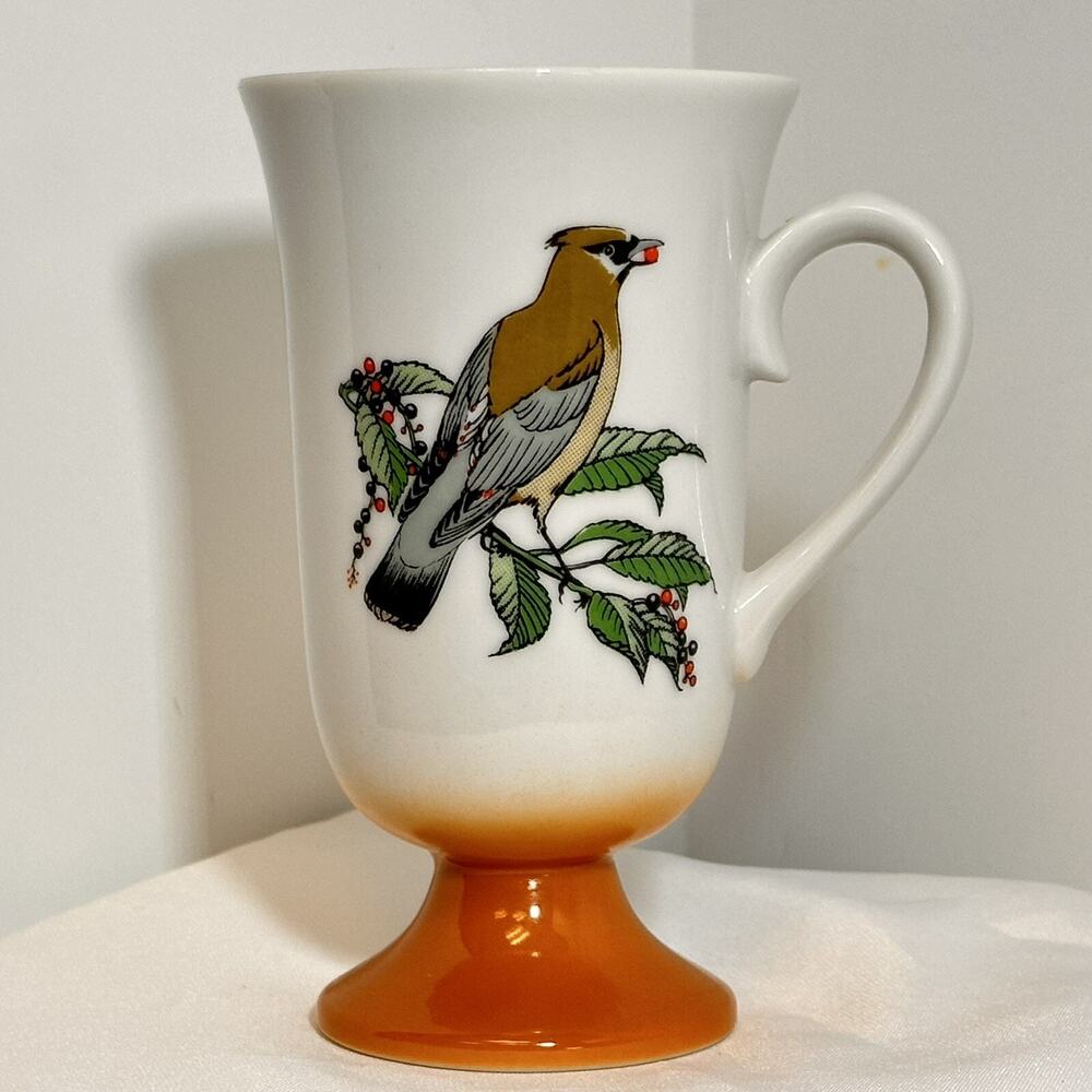 Vintage Porcelain Titmouse Bird Brown-Orange Footed Cup Mug Fred Roberts Japan